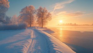 Winter Landscape Wallpaper: Snowy Path, Frozen Lake, Sunrise Scenery