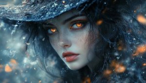 Halloween Witch Wallpaper: Fantasy Woman with Glowing Eyes 4K
