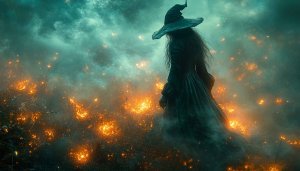 Witch Halloween Wallpaper, Spooky Fire Scene, Desktop 4k Wallpaper