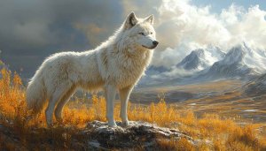 Arctic Wolf Wallpaper: White Wolf in Snowy Mountain Landscape