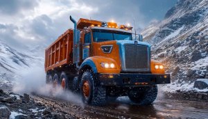 Orange Dump Truck Wallpaper in Snow Mountain 4K for Desktop