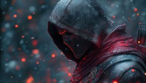 Assassin's Creed Wallpaper: Hooded Warrior in Dark Fantasy Setting 4K