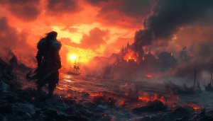 Epic Viking Wallpaper, Burning City, Sea, Sunset, High Resolution