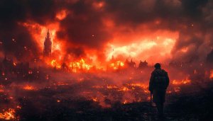 War Wallpaper: Burning City, Soldier Silhouette - Desktop Background