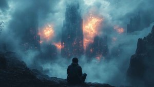 Fantasy City Wallpaper: Apocalypse Landscape, Man, Fire, and Smoke