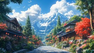 Japanese Village Scenery Wallpaper, Mountain View Background, 4k Desktop Image