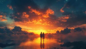 Romantic Sunset Wallpaper: Couple Silhouette, Ocean View, Sky Wallpaper