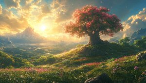 Fantasy Landscape Wallpaper: Tree, Mountain, Sunset, Green Field, 4K