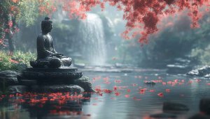 Buddha Wallpaper: Serene Lotus Meditation Waterfall Landscape 4K