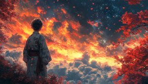 Anime Autumn Sky Wallpaper: Kimono Girl Stargazing Aesthetic