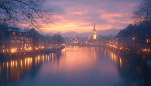 Sunset Cityscape Wallpaper: River Reflection, Building Lights, City Wallpaper 4K