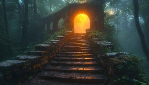 Magical Forest Portal Stone Stairway Free 4K Desktop Wallpaper