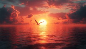 Fiery Sunset Ocean View with Seagull Mobile Wallpaper