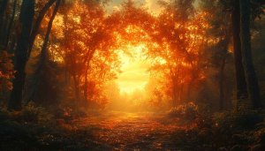 Golden Forest Path Wallpaper, Autumn Trees 4K Desktop Background