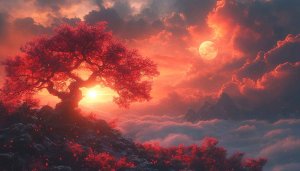 Red Tree at Sunset 4K Desktop Wallpaper Mobile Background