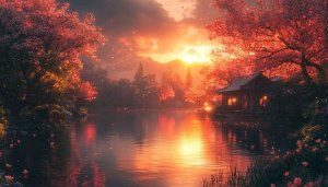 Japanese Cherry Blossom Lake 4K Desktop Background Mobile Wallpaper