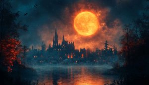 Halloween Castle Wallpaper with Orange Moon, Free Mobile Background