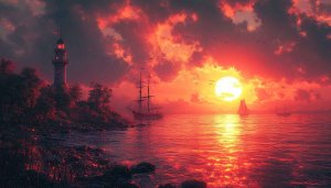 Fiery Sunset Seascape Wallpaper, Lighthouse and Sailing Ships 4K Background