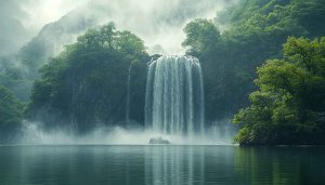 Lush Waterfall Mobile Wallpaper - Free Misty Green Scenery Background