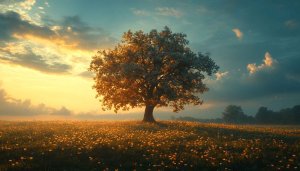 Blooming Tree Field Sunset 4K Desktop Background Mobile Wallpaper