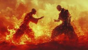Fiery Monks Confrontation 4K Wallpaper | Free Desktop Backgrounds