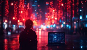 Night City Lights 4K Desktop Wallpaper, Girl and Laptop
