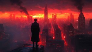 Red Cityscape 4K Wallpaper Man Silhouette Desktop Mobile Background