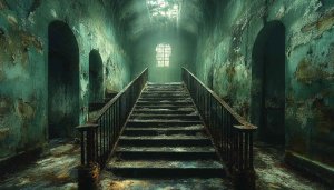Spooky Abandoned Asylum Stairs 4K Desktop Wallpaper - Creepy Decay