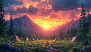 Camping in Mountains Wallpaper - Sunset Scenery Mobile Background 4K