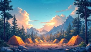 Camping Tents Mountain Landscape 4K Desktop Wallpaper, Free Mobile Background