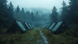 Misty Forest Tent Camp Wallpaper: Free Nature Mobile Background