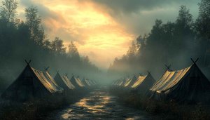 Mystic Tent Camp Mobile Wallpaper | Foggy Forest Landscape Background