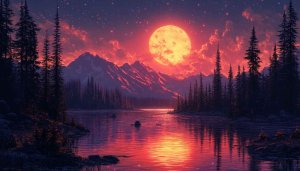 Full Moon over Mountain Lake Landscape 4K Desktop Wallpaper
