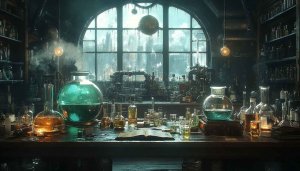 Dark Fantasy Laboratory 4K Desktop Background | Steampunk Science Wallpaper