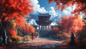 Japanese Autumn Temple Landscape Wallpaper 4K, Desktop Background