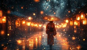 Rainy Night Japan Street Lanterns 4K Desktop Mobile Wallpaper