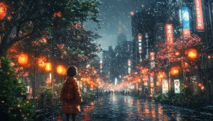 Rainy Tokyo Street Lanterns Mobile Background Anime 4K Wallpaper