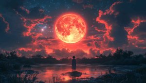 Red Moon Night Sky Landscape 4K Desktop Mobile Wallpaper