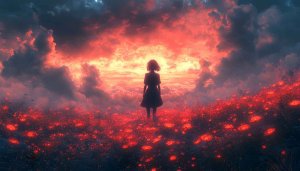 Anime Girl Red Field Sunset Sky 4K Mobile Wallpaper
