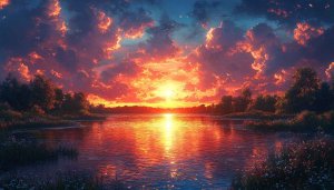 Fiery Sunset Lake 4K Wallpaper for Desktop and Mobile