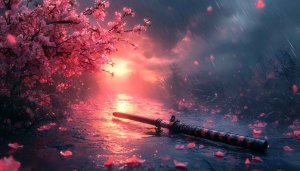 Rainy Sakura Tree Katana 4K Desktop Background Free Mobile Wallpaper