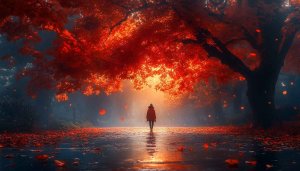 Autumnal Red Leaves Woman Walking 4K Desktop Mobile Wallpaper