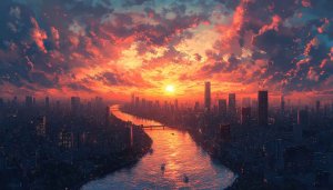 Anime Cityscape River Sunset 4K Desktop Wallpaper Background