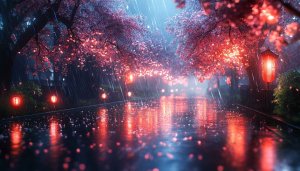 Rainy Night Cherry Blossoms with Lanterns Mobile Wallpaper 4K