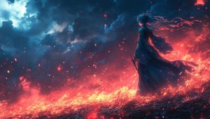 Fiery Anime Girl Landscape Wallpaper, 4K Desktop Background