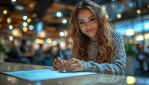 Smiling Woman Writing 4K Mobile Wallpaper Free Casual Portrait