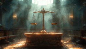 Scales of Justice Golden Courtroom 4K Desktop Wallpaper Background