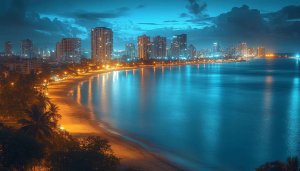 Night Cityscape Beach Scenery 4K Desktop Background Mobile Wallpaper