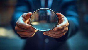 Businessman holding magnifying glass 4K wallpaper for desktop background