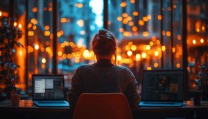 Woman Working on Laptops Bokeh Lights 4K Desktop Wallpaper